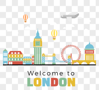 彩色伦敦地平线建筑飞机汽球高清图片