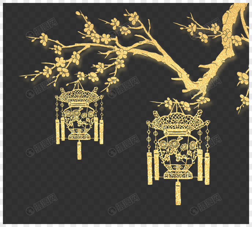 金色中国风树枝灯笼挂饰元素图片