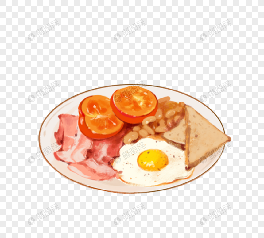 英式早餐煎蛋培根炒豆角元素图片