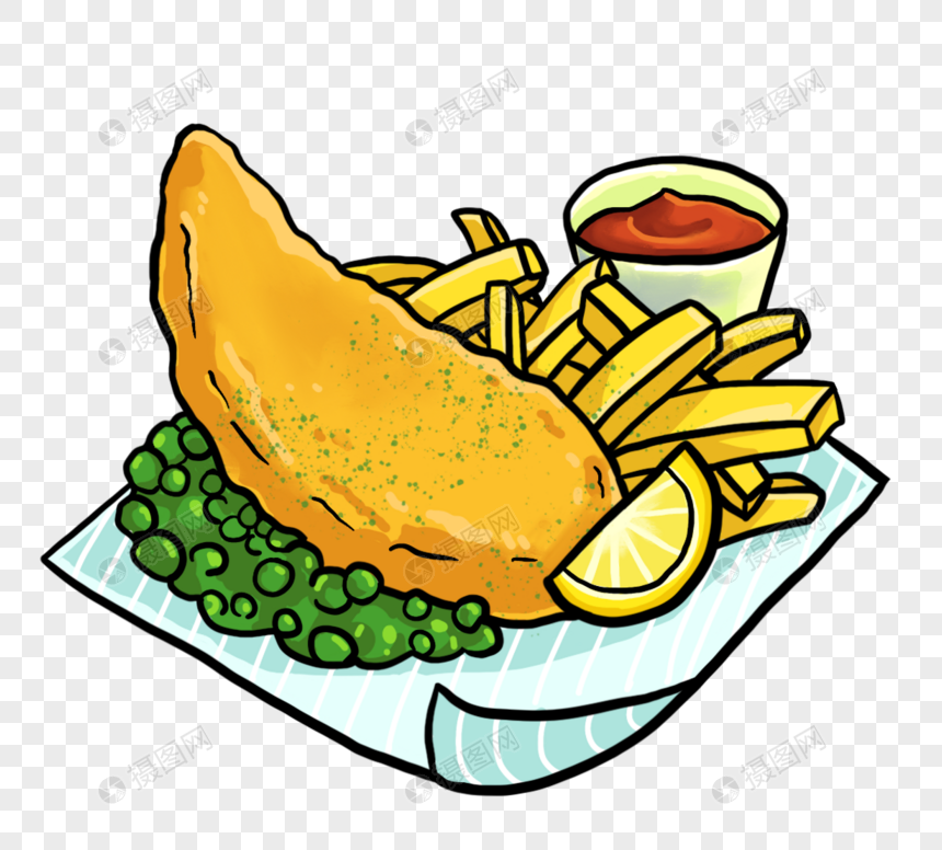 手绘风格英国炸鱼薯条