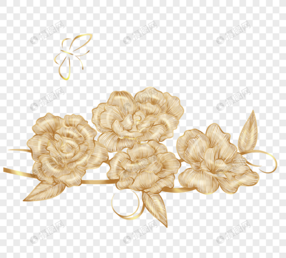金色线描手绘蝴蝶花卉图片