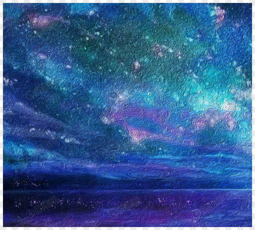 唯美大气蓝色水面倒影手绘油画笔触星空