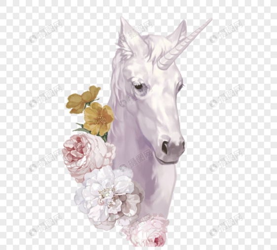 白色手绘独角兽花卉元素图片