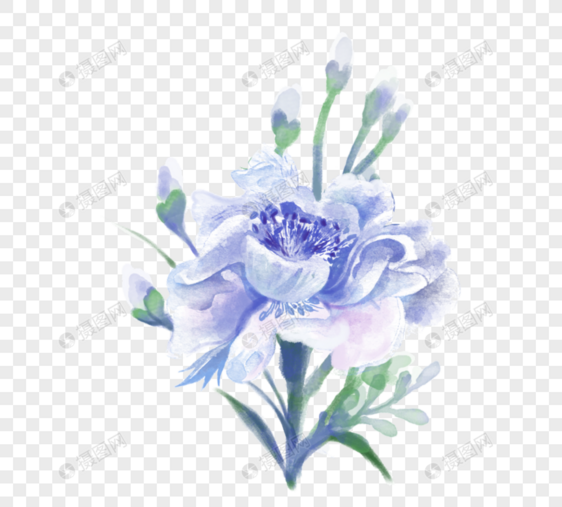 蓝色花朵绿枝和叶元素图片