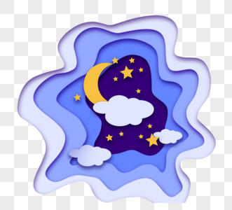 蓝紫色渐变剪纸风格云层里月亮元素图片