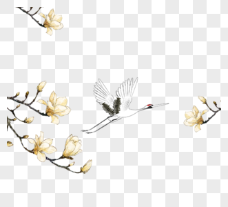 手绘花朵树枝丹顶鹤元素设计高清图片
