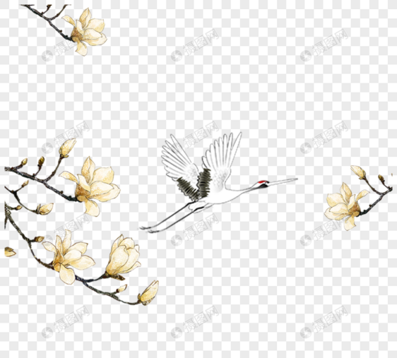手绘花朵树枝丹顶鹤元素设计图片