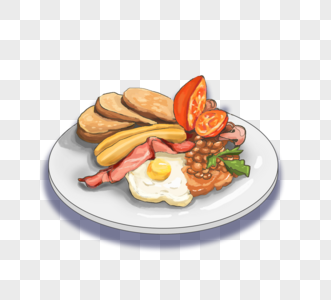 英式美味早餐香肠番茄培根煎蛋炒豆角元素图片