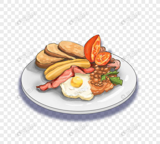 英式美味早餐香肠番茄培根煎蛋炒豆角元素图片