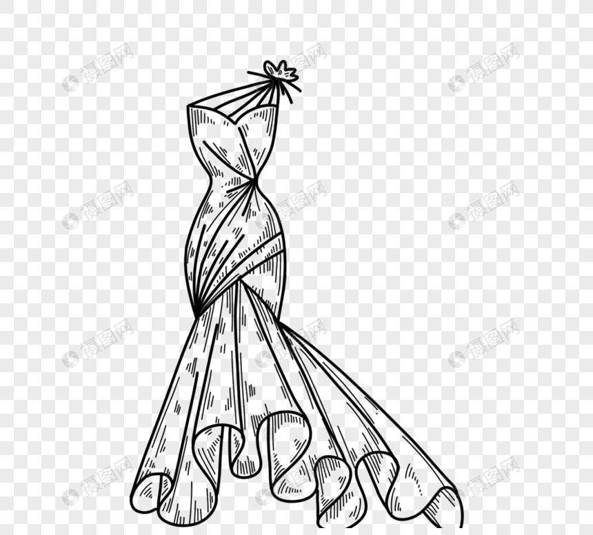 手绘可爱黑白简笔画女士晚礼服