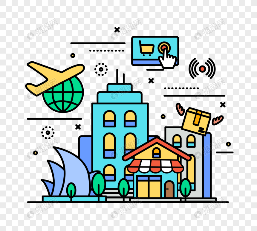 黑棒线描电子商务在线购物全球物流图标元素素材下载 正版素材 摄图网