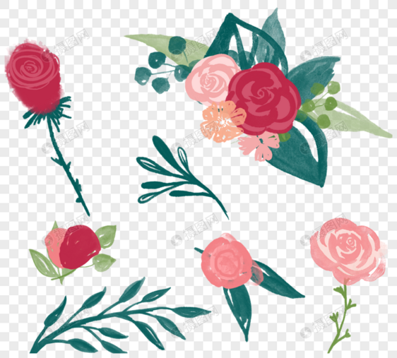 红粉色手绘水彩小清新玫瑰叶子元素图片