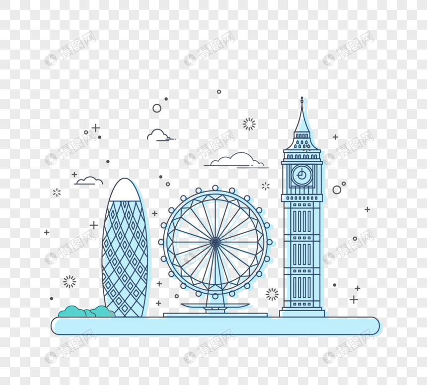 清新蓝色英国大本钟楼伦敦眼线性简约图片