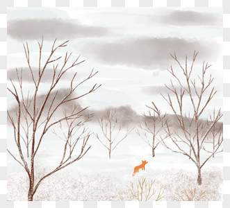 树木化冬季山上出现森林狐狸插图图片