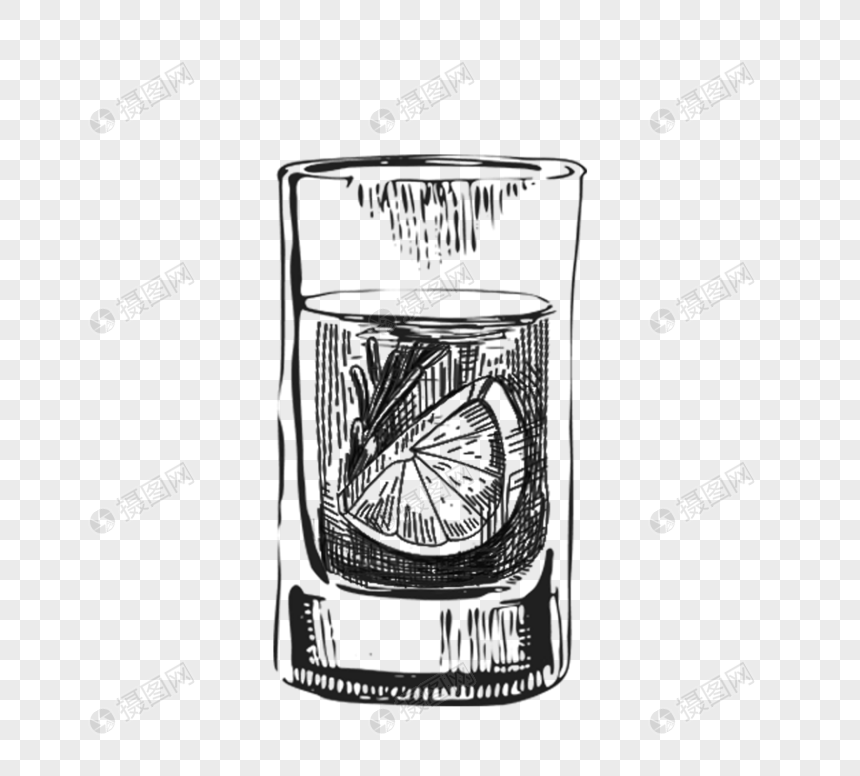 黑白色手绘线描一杯柠檬水