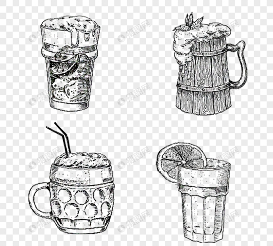 夏日清凉啤酒泡沫杯手绘线描素描元素图片