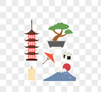 日本盆景富士山樱花瓣红日和伞寿司皇居祈福小木牌标签贴纸创意元素图片