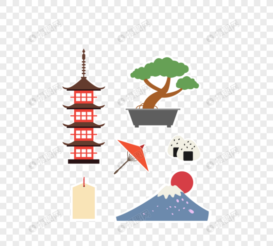 日本盆景富士山樱花瓣红日和伞寿司皇居祈福小木牌标签贴纸创意元素图片