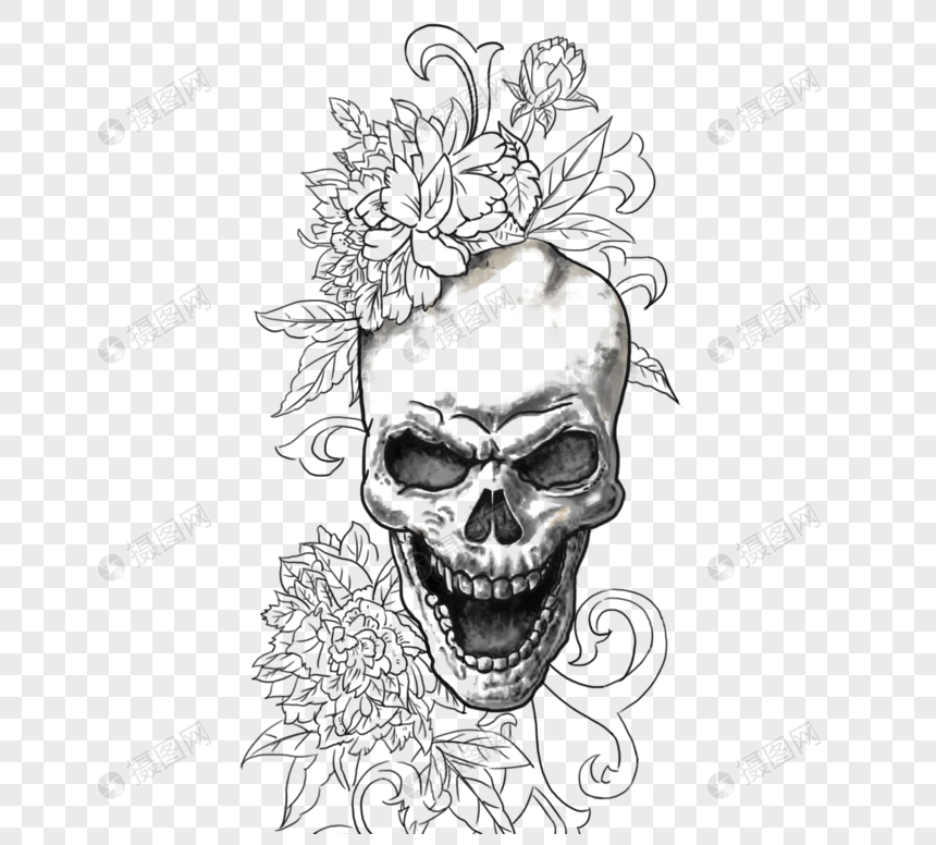 黑白手绘骷髅头花卉元素图片