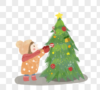 圣诞节女孩和圣诞树围巾球手拉例证图片