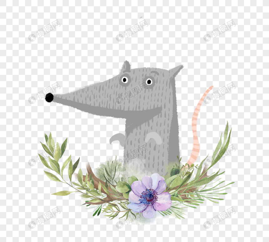 手绘灰色老鼠卡通花卉元素图片