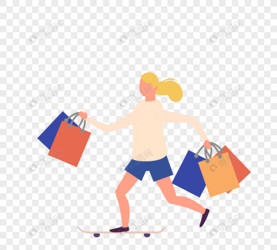 卡通女人踩滑板购物图片