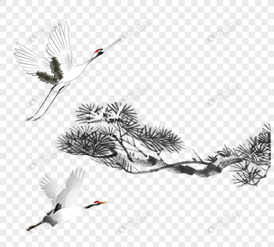 中国风树枝丹顶鹤元素图片