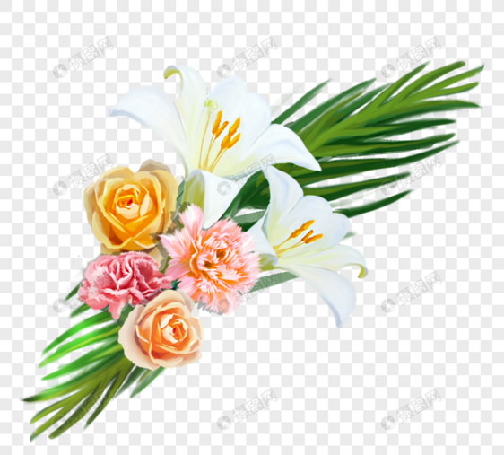 手绘花朵花束百合康乃馨玫瑰元素图片