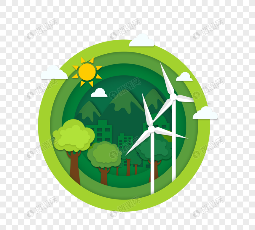 绿色环保风力发电生态剪纸风格绘画图片
