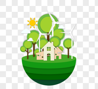 剪纸风格绿色环保风力发电生态图图片