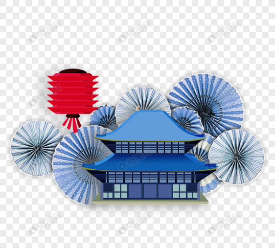 日本蓝紫色神社灯笼元素矢量图图片