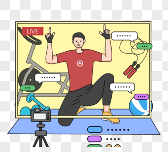 健身教练男性主播在线直播日常运动简单线条画插图元素psd格式图片