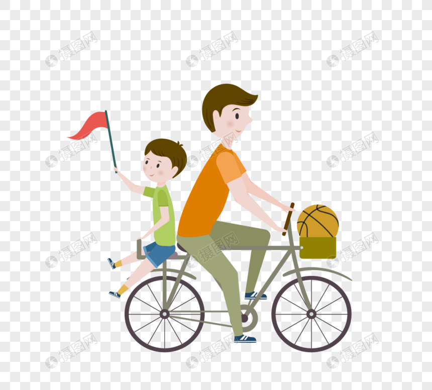 绿色扁平父亲与孩子骑车元素图片