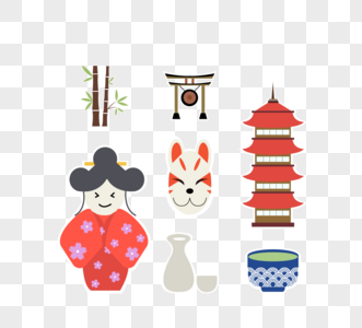 日本和服清酒皇居鸟居竹子浮世绘花纹碗贴纸标签创意元素图片