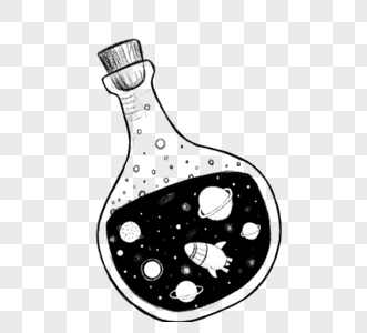 创意黑白手绘飞船宇宙星球药水瓶子图片