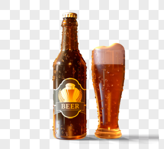 啤酒瓶和装满啤酒杯子3d元素高清图片