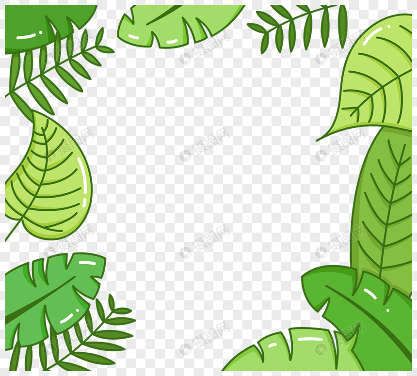 热带树叶和绿色植物边框手绘