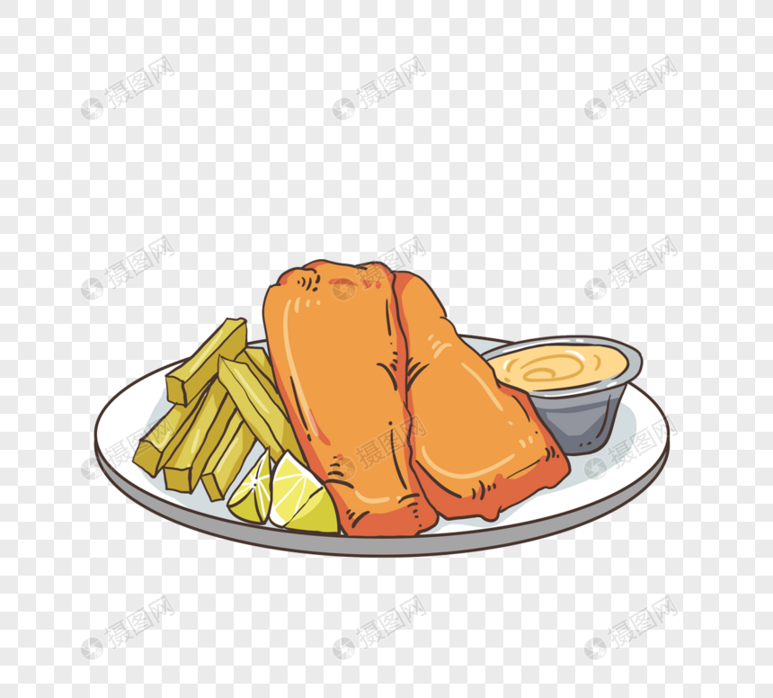 免抠元素 手绘/卡通元素 年夜饭 英国特色香甜美食炸鱼薯条.