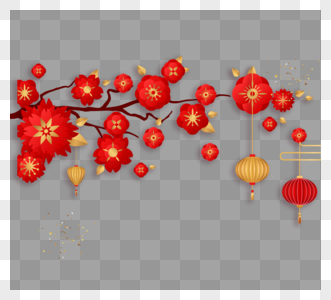 红色梅花点缀新年新春PNG元素图片