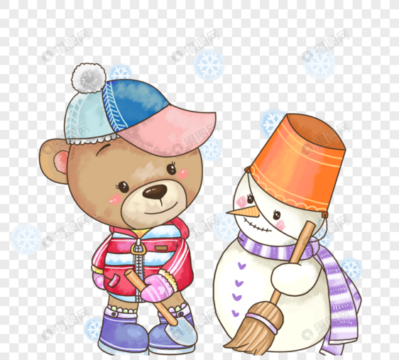手绘冬季卡通熊和雪人图片