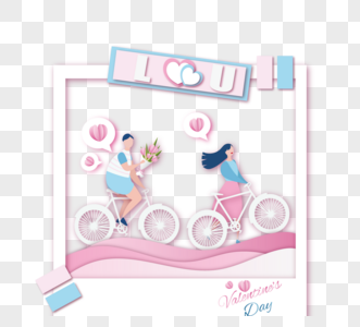 情人节浪漫情侣自行车约会立体剪纸图片