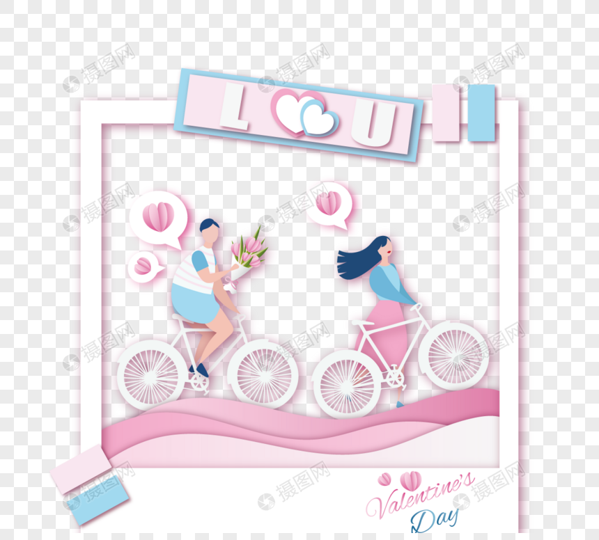 情人节浪漫情侣自行车约会立体剪纸图片