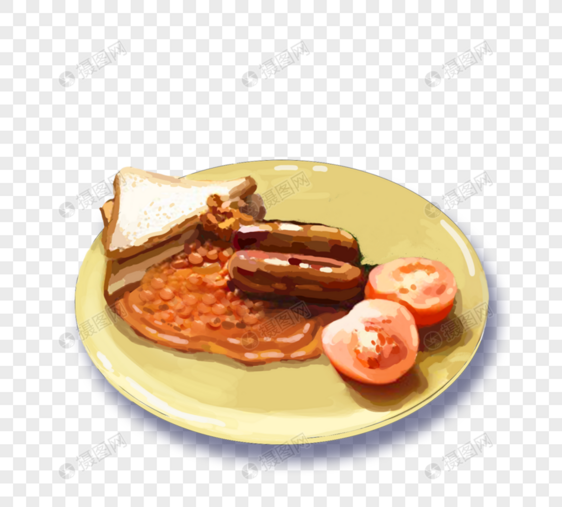 英式白面包炒豆番茄香肠早餐图片