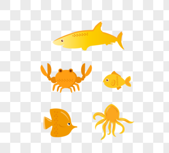 简约卡通黄色系海底动物鲸鱼螃蟹鱼类元素图片