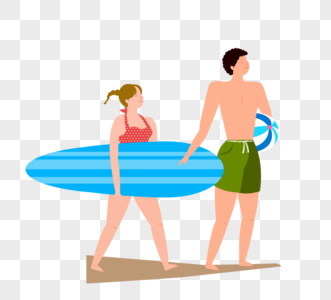 夫妻在夏天在海滩上冲浪高清图片