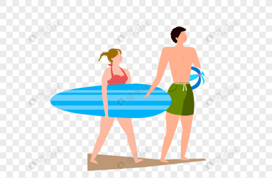 夫妻在夏天在海滩上冲浪图片