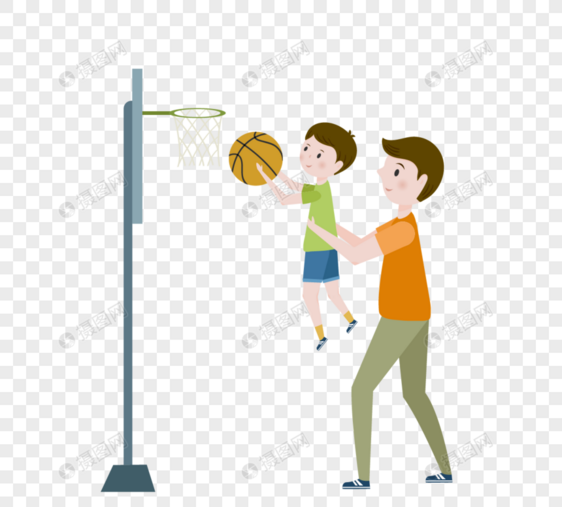 绿色扁平父亲与孩子打篮球元素图片