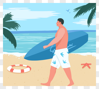 小清新色卡通扁平化夏季度假沙滩运动冲浪插图元素psd格式图片