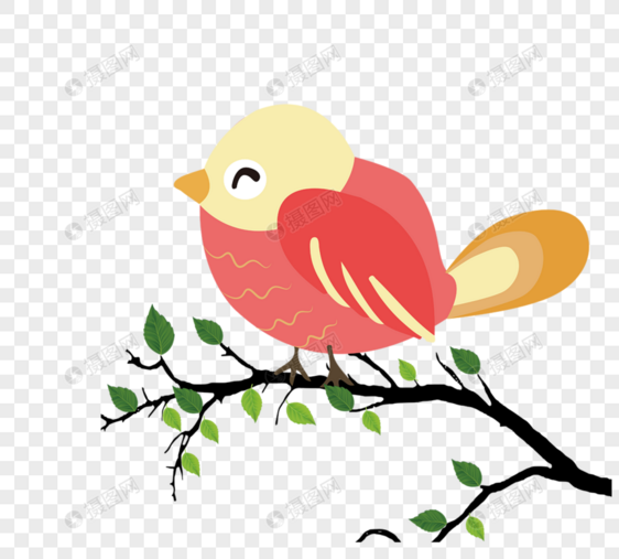 日本拼色手绘枝头上小鸟图片