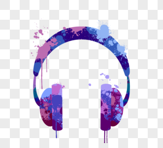 水彩溅蓝色和紫色耳机图片